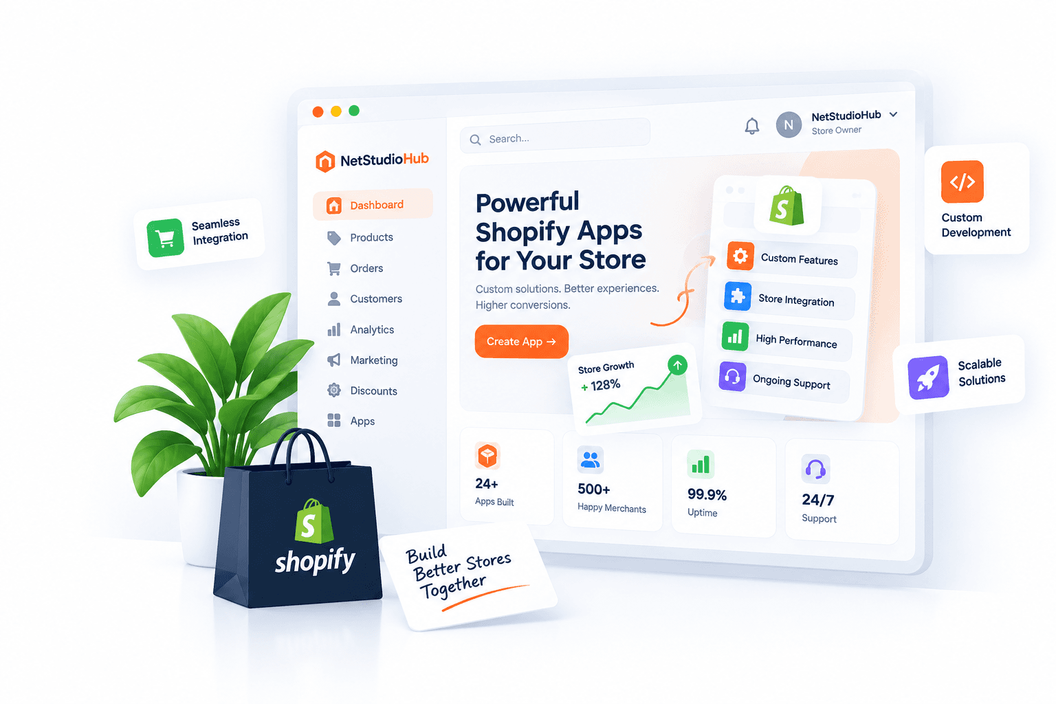 Illustration of a custom Shopify app dashboard with store integration, custom features, and performance tools