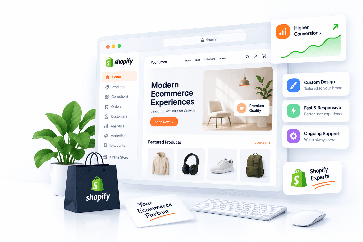 Illustration of a modern Shopify storefront with product listings, analytics, and store management features