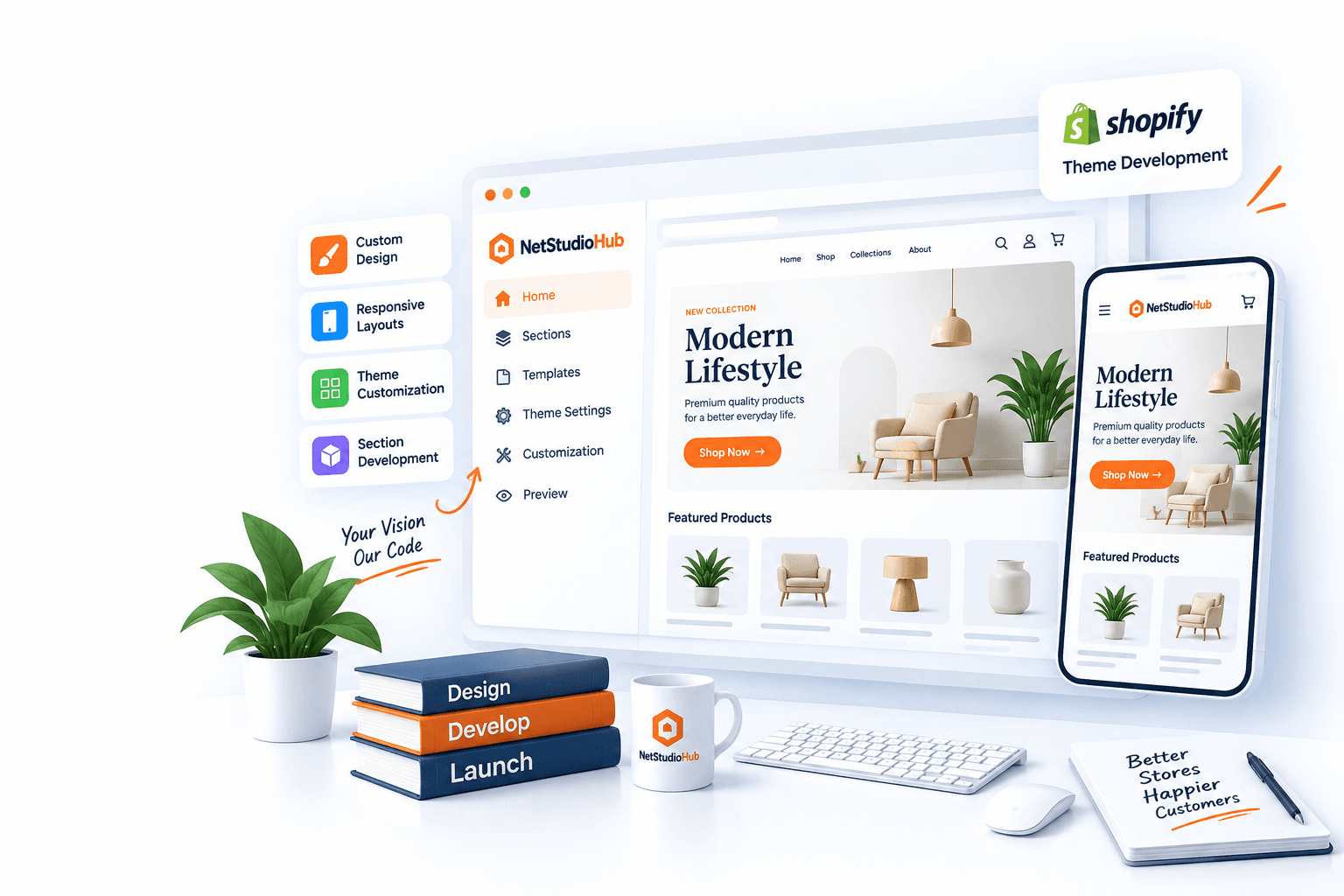 Illustration of a custom Shopify theme storefront shown on desktop and mobile, styled around a brand's design