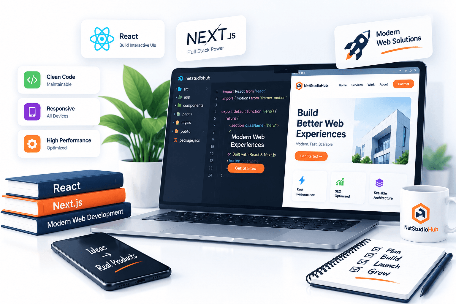 Illustration of a modern web development workflow with React and Next.js code, showing a resulting fast, responsive website