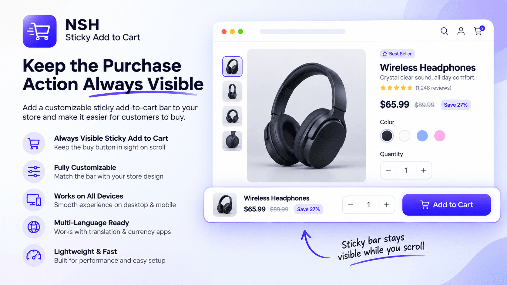 NSH: Sticky Add to Cart — a persistent add-to-cart bar shown on a sample Shopify product page