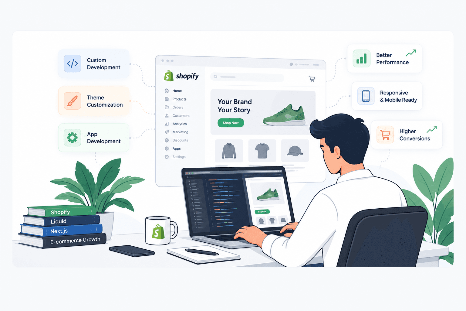 Illustration of a developer working on a Shopify store, surrounded by custom development, theme customization, and app development capabilities