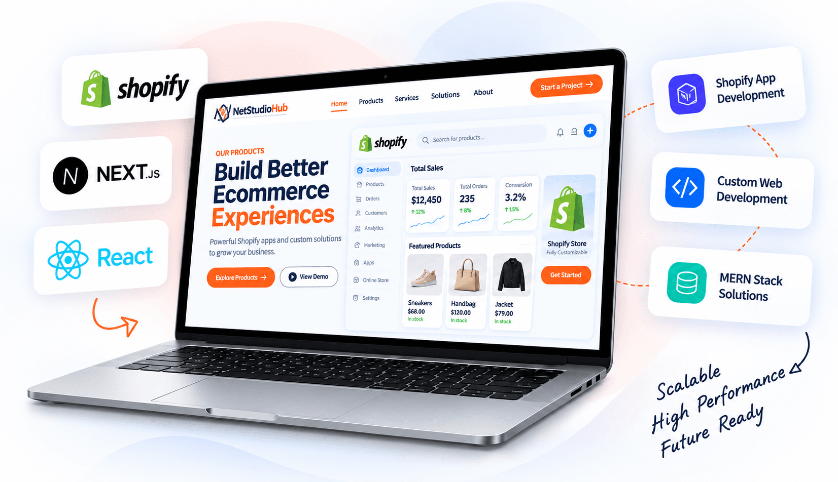 NetStudioHub product interface shown on a laptop, surrounded by the technologies and services we work with: Shopify, Next.js, React, Shopify App Development, Custom Web Development, and MERN Stack